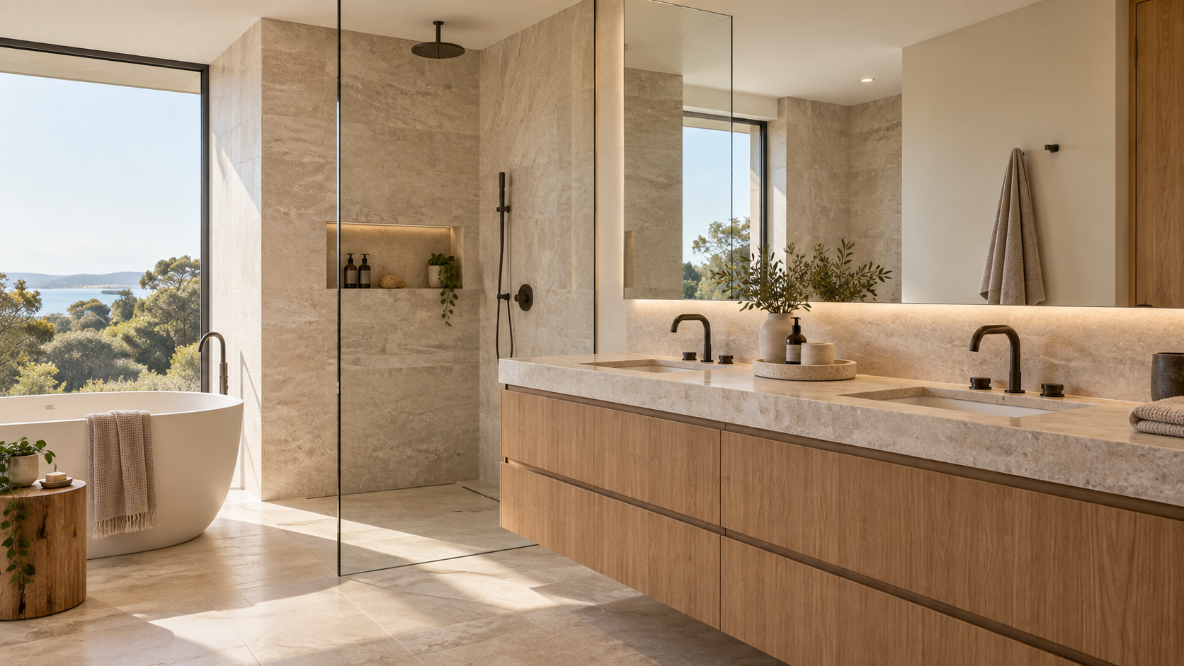 Finished bathroom with stone vanity and walk-in shower