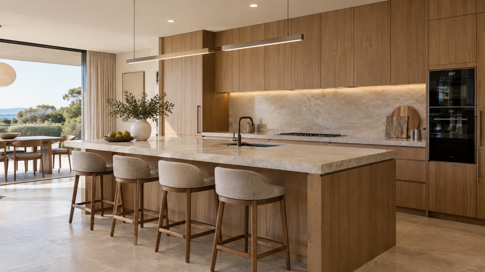 Finished kitchen with oak joinery, stone island and ocean view